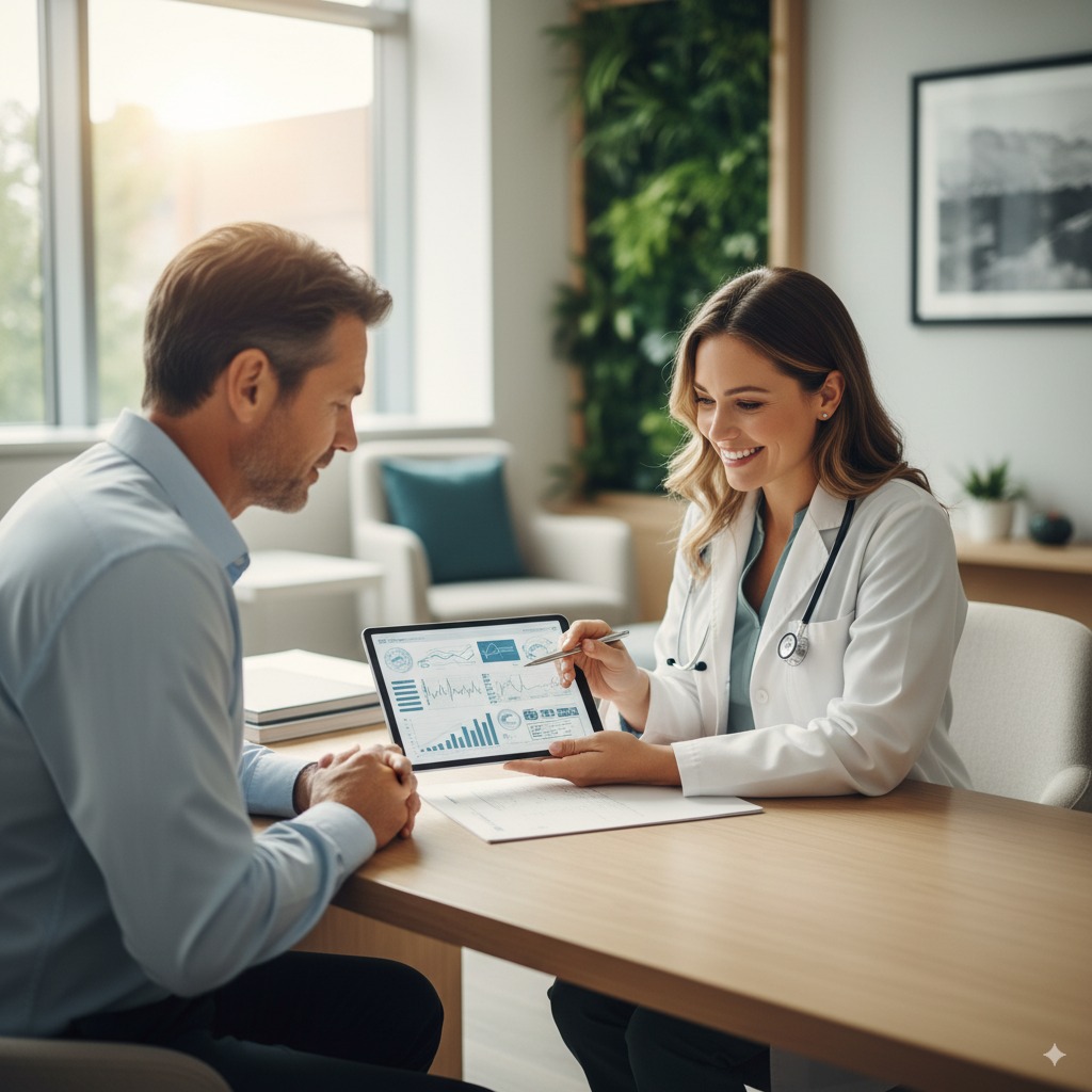 A doctor in a white coat reviews health data on a tablet with a patient during a consultation in a modern medical office.