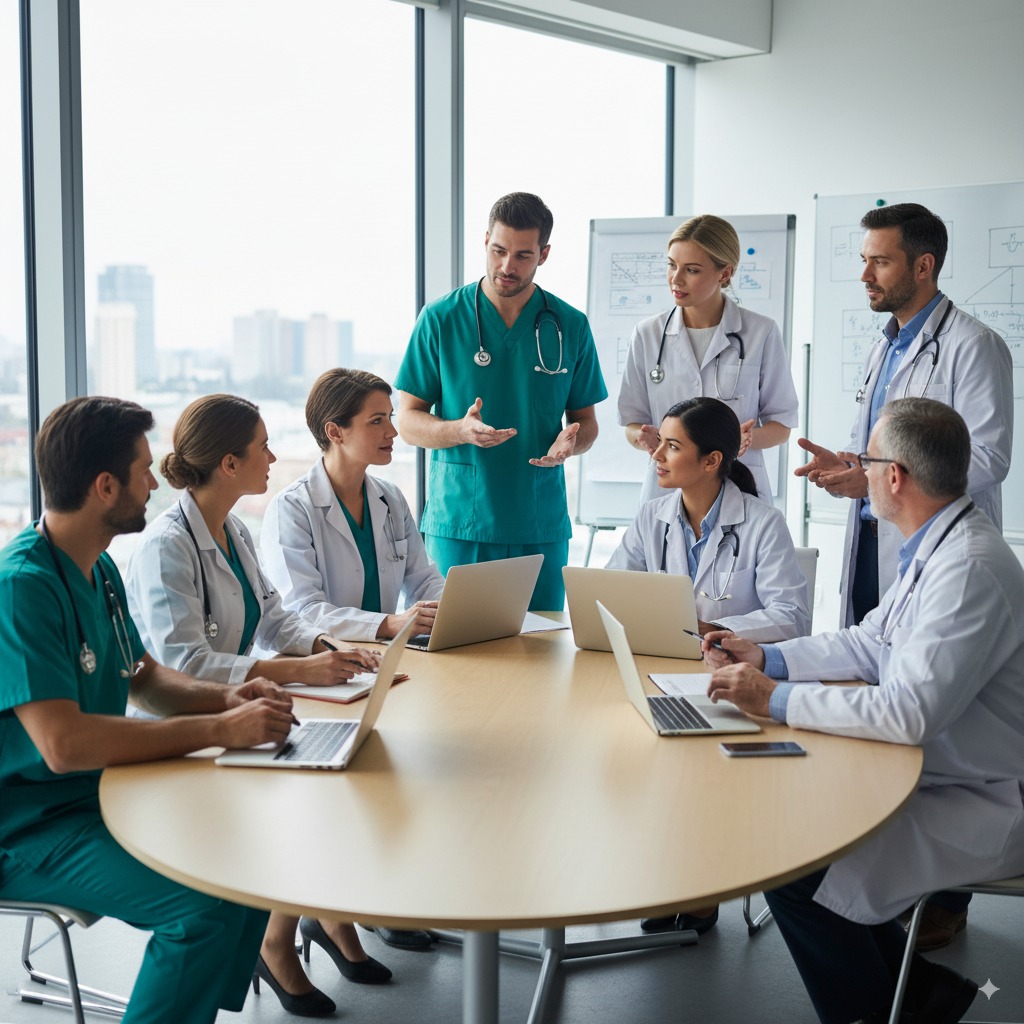A group of medical professionals in white coats and scrubs having a discussion around a conference table in a modern clinical setting.