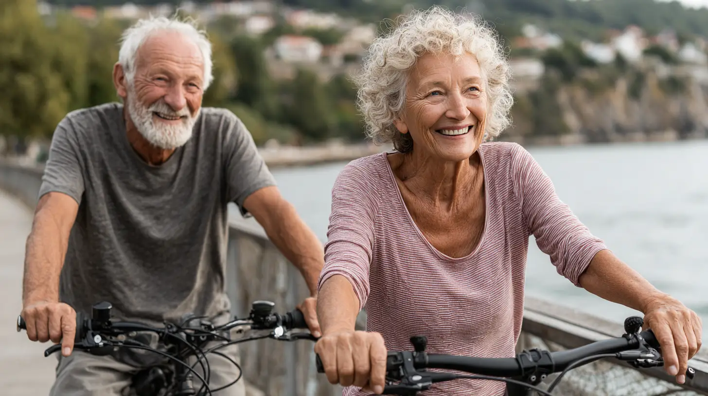 An older couple smiling while riding bicycles along a scenic coastal path.