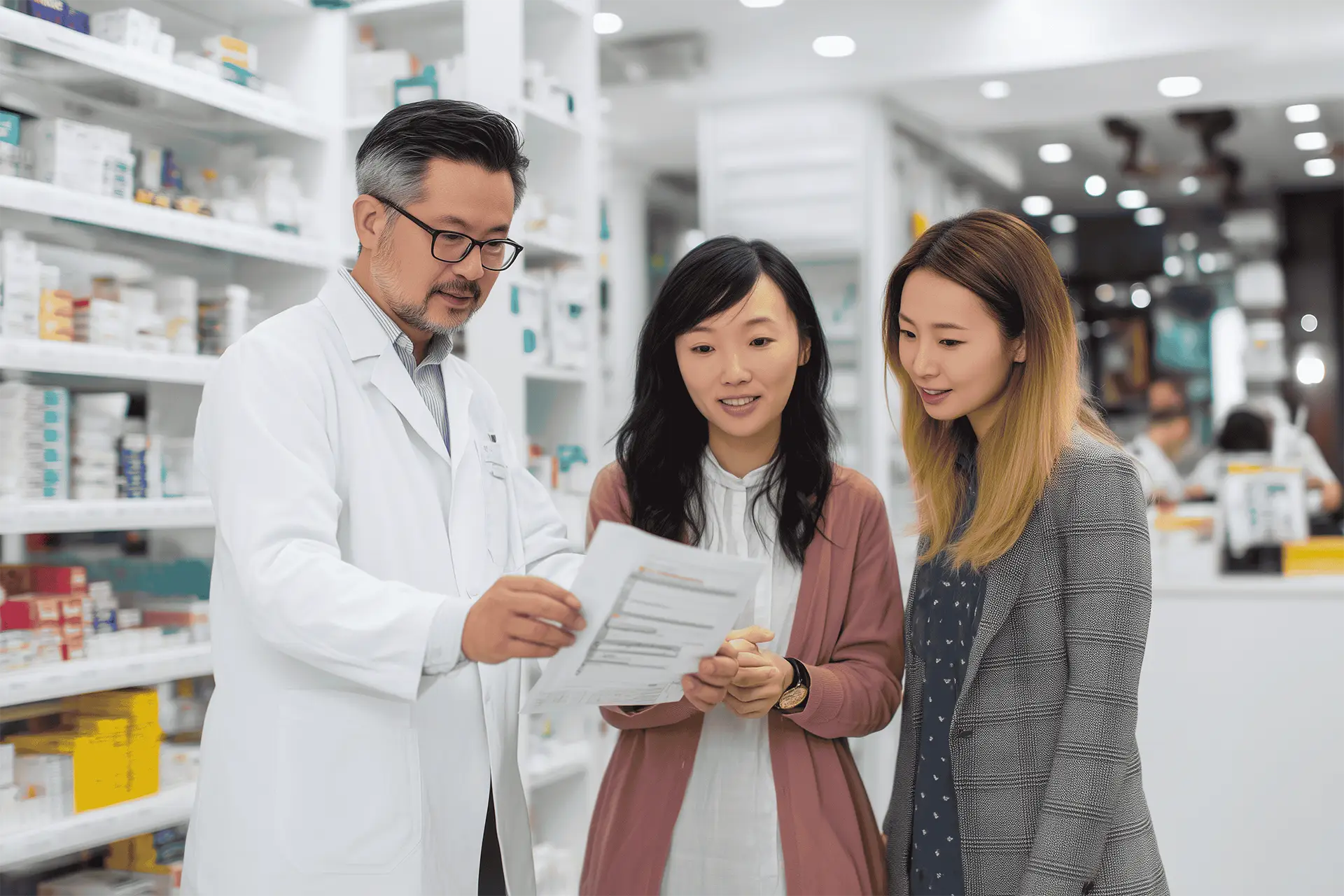 Pharmacist reviewing medication options with a customer at a retail pharmacy counter